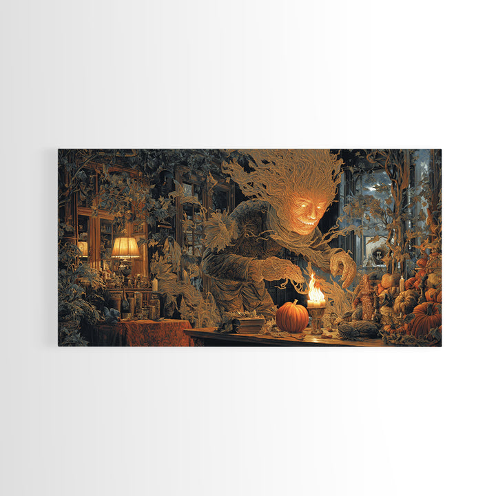 The Autumn-Leaf Ghost, Wide Panoramic Art, Macabre Wall Art, Framed Canvas Print, Halloween Wall Decor, Gothic Home Decor, Spooky Wall Decor