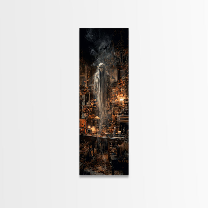 The Autumn-Leaf Ghost, Tall Narrow Wall Art, Macabre Wall Art, Framed Canvas Print, Halloween Wall Decor, Gothic Home Decor