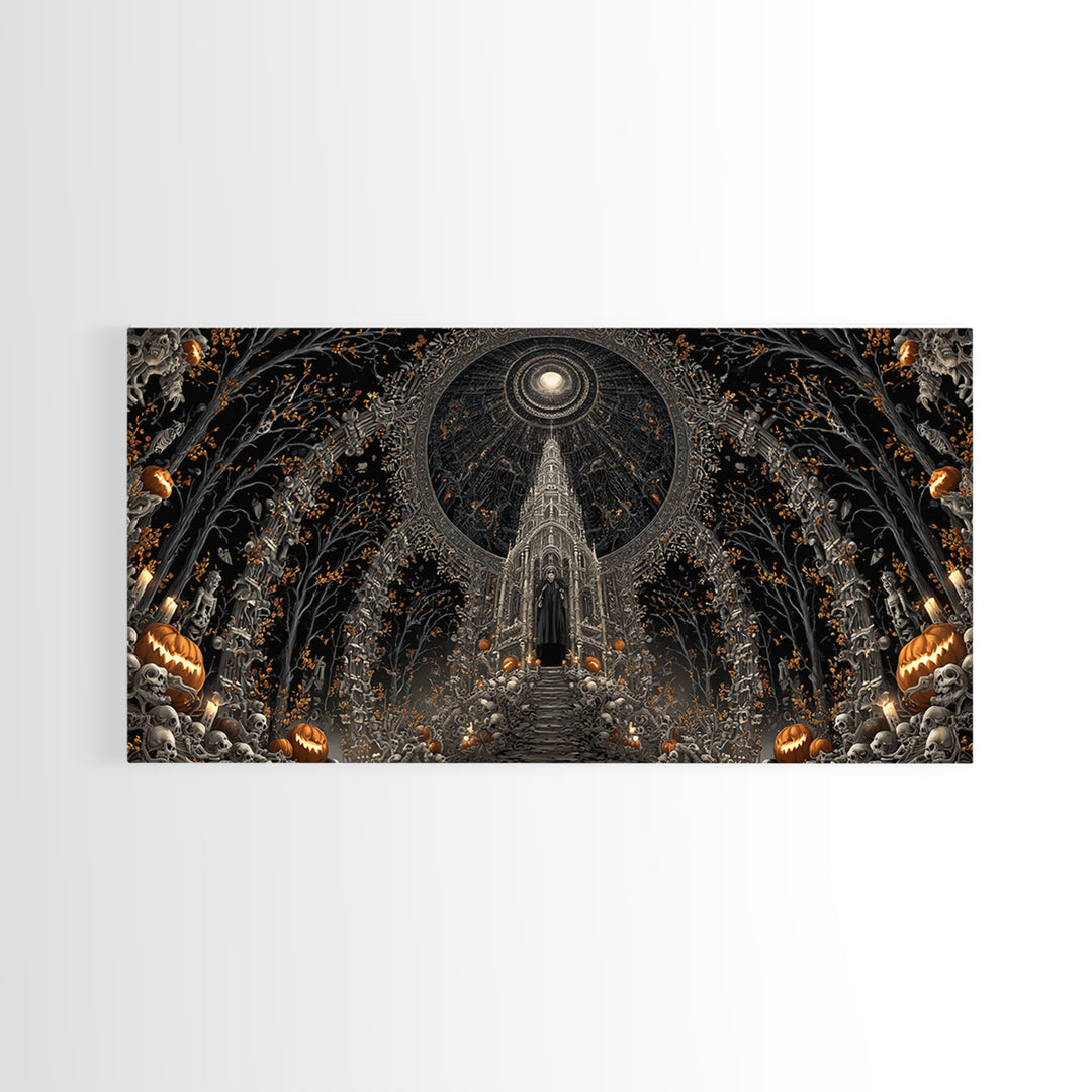 The Cathedral Of Bones, Wide Panoramic Art, Dark Halloween Decor, Canvas Print, Halloween Wall Decor, Gothic Home Decor