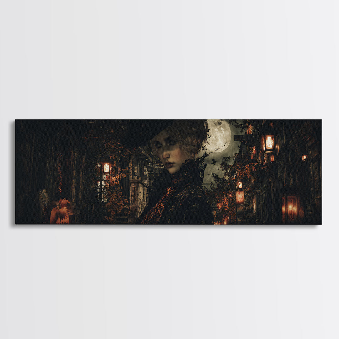The Town Where Shadows Live, Extra Wide Wall Art, Macabre Wall Art, Framed Canvas Print, Halloween Wall Decor, Gothic Home Decor
