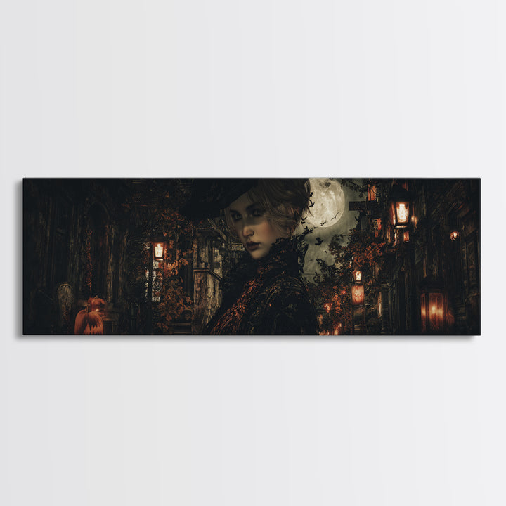 The Town Where Shadows Live, Extra Wide Wall Art, Macabre Wall Art, Framed Canvas Print, Halloween Wall Decor, Gothic Home Decor