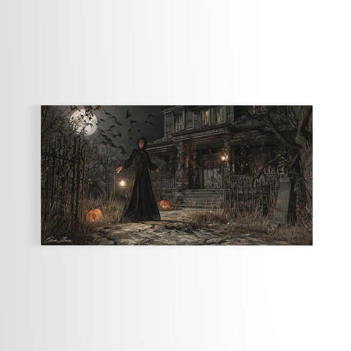 The Last House At The World'S Edge, Wide Panoramic Art, Haunted Gothic Art, Framed Canvas Print, Halloween Wall Decor, Gothic Home Decor