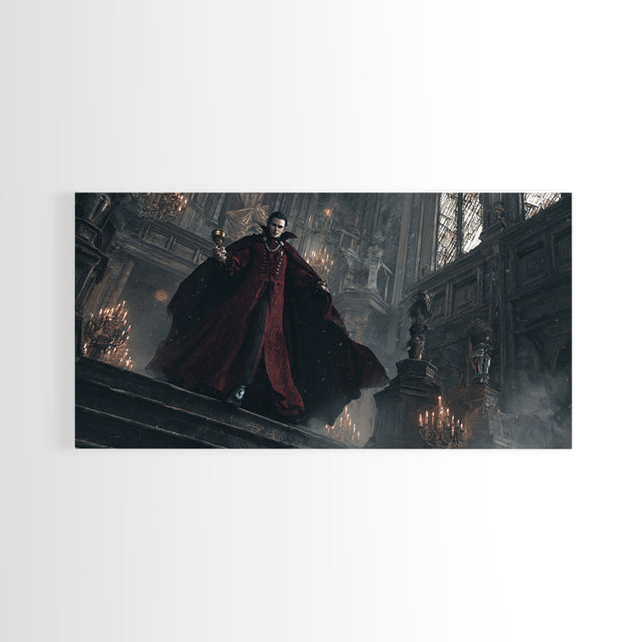 The Crimson Count Of Hollow Keep, Wide Panoramic Art, Gothic Horror Wall Art, Framed Canvas Print, Halloween Wall Decor, Gothic Home Decor