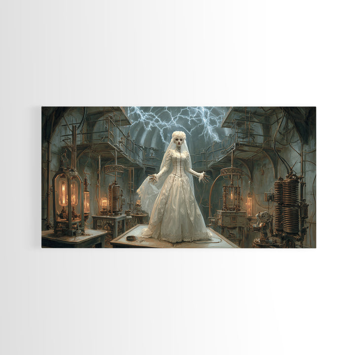 The Stitched Bride Of Thunder Hall, Wide Panoramic Art, Dark Fantasy Wall Art, Canvas Print, Halloween Wall Decor, Gothic Home Decor