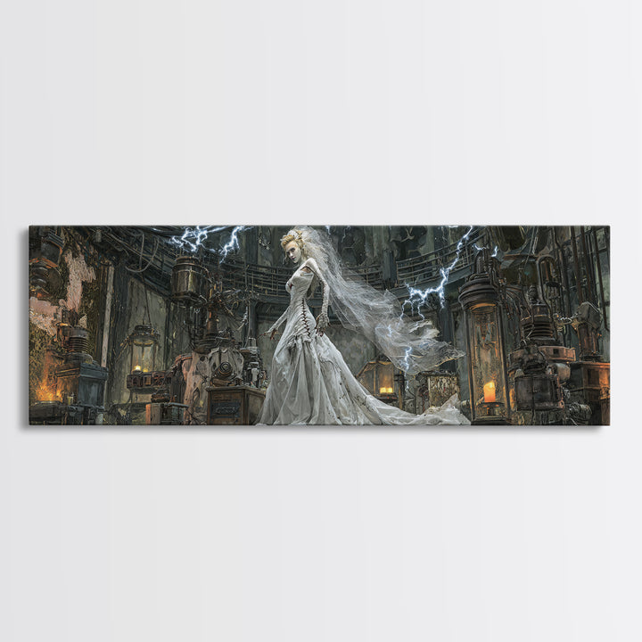 The Stitched Bride Of Thunder Hall, Extra Wide Wall Art, Haunted Gothic Art, Framed Canvas Print, Halloween Wall Decor, Gothic Home Decor