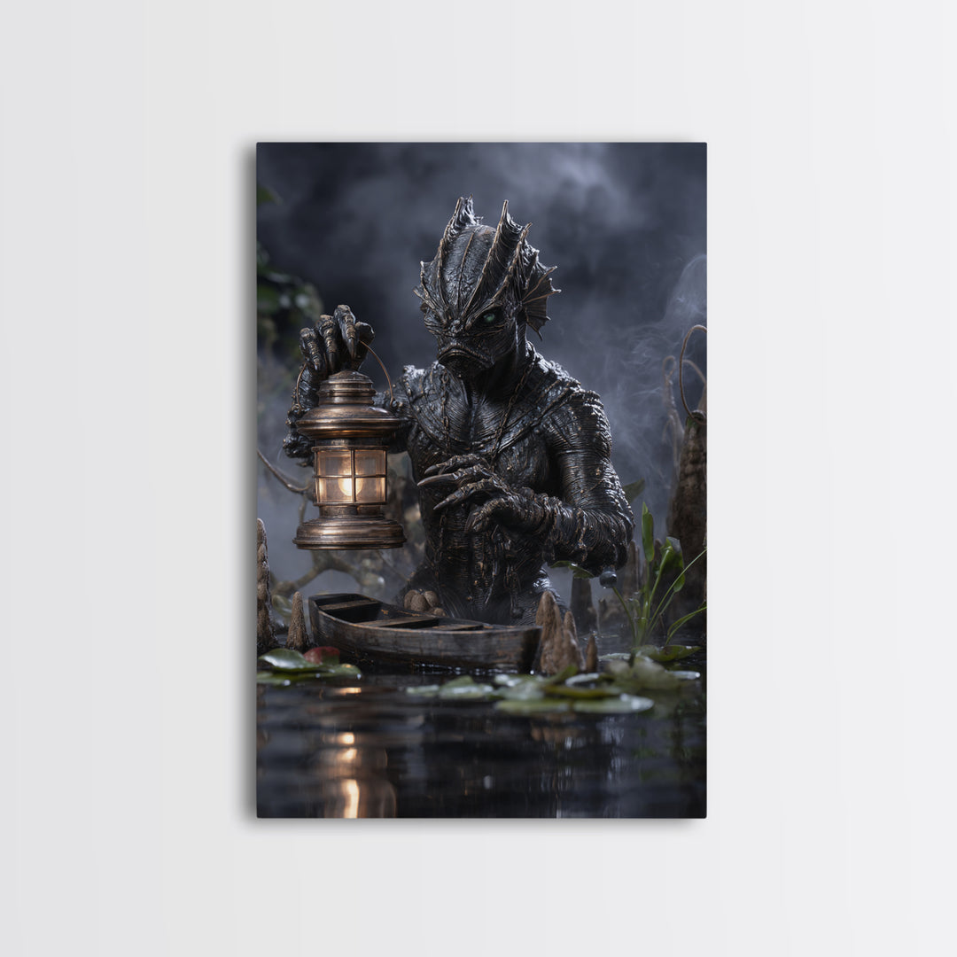 The Creature Of Lantern Lagoon, Vertical Wall Art, Dark Fantasy Wall Art, Canvas Print, Halloween Wall Decor, Gothic Home Decor