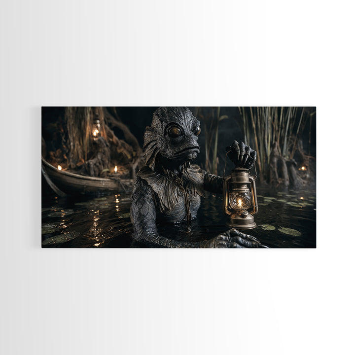 The Creature Of Lantern Lagoon, Wide Panoramic Art, Haunted Gothic Art, Framed Canvas Print, Halloween Wall Decor, Gothic Home Decor