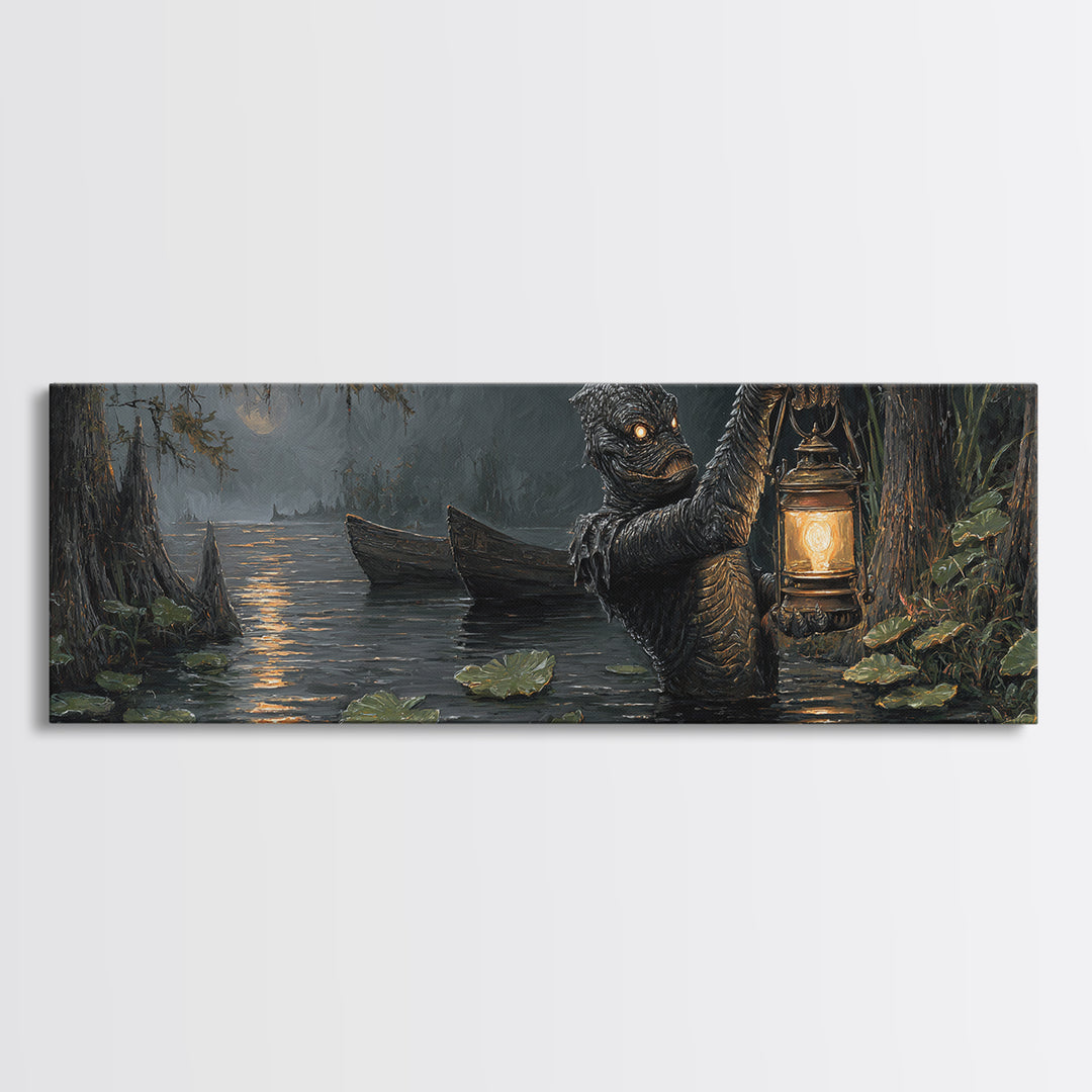 The Creature Of Lantern Lagoon, Extra Wide Wall Art, Spooky Home Decor, Canvas Print, Halloween Wall Decor, Gothic Home Decor