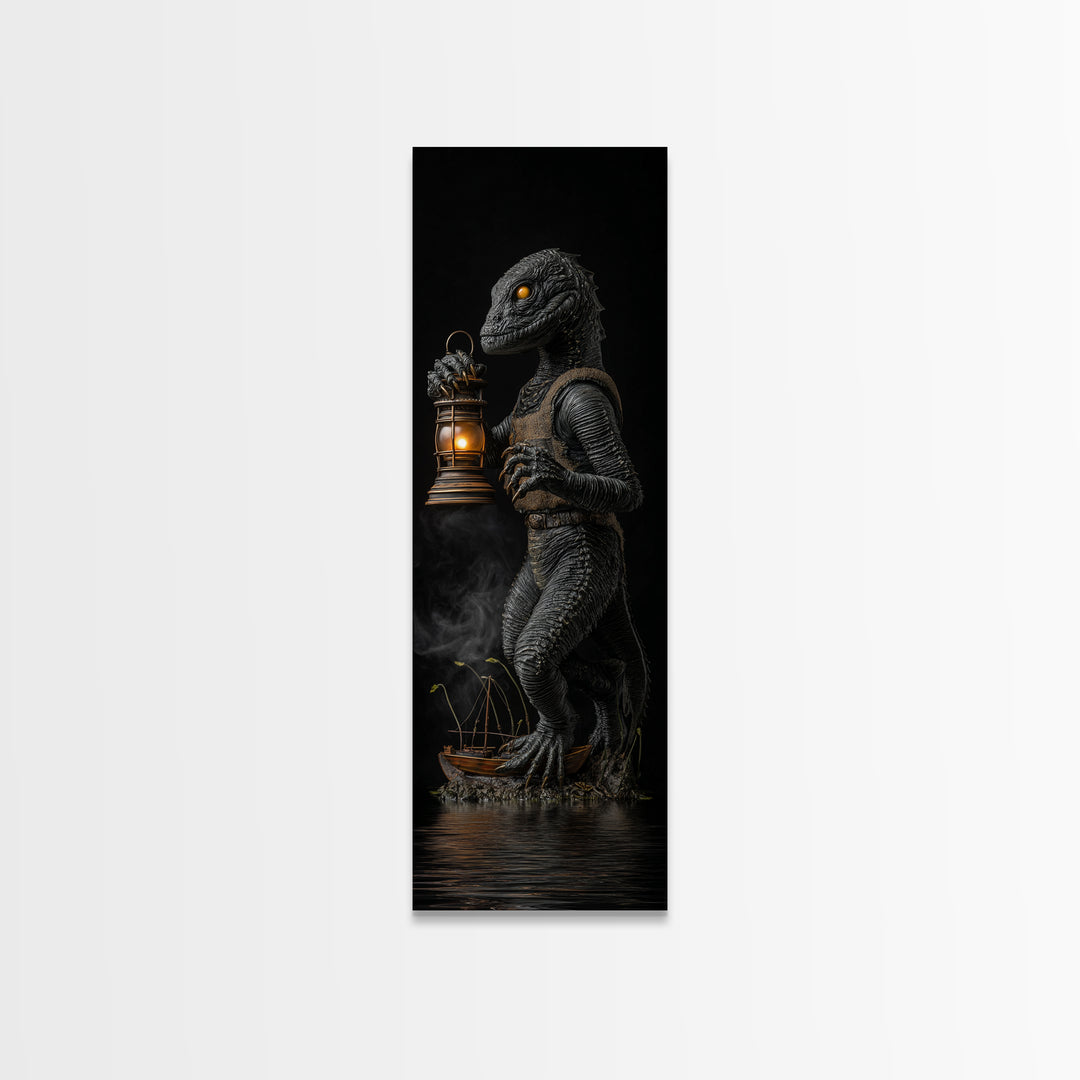 The Creature Of Lantern Lagoon, Tall Narrow Wall Art, Haunted Gothic Art, Framed Canvas Print, Halloween Wall Decor, Gothic Home Decor