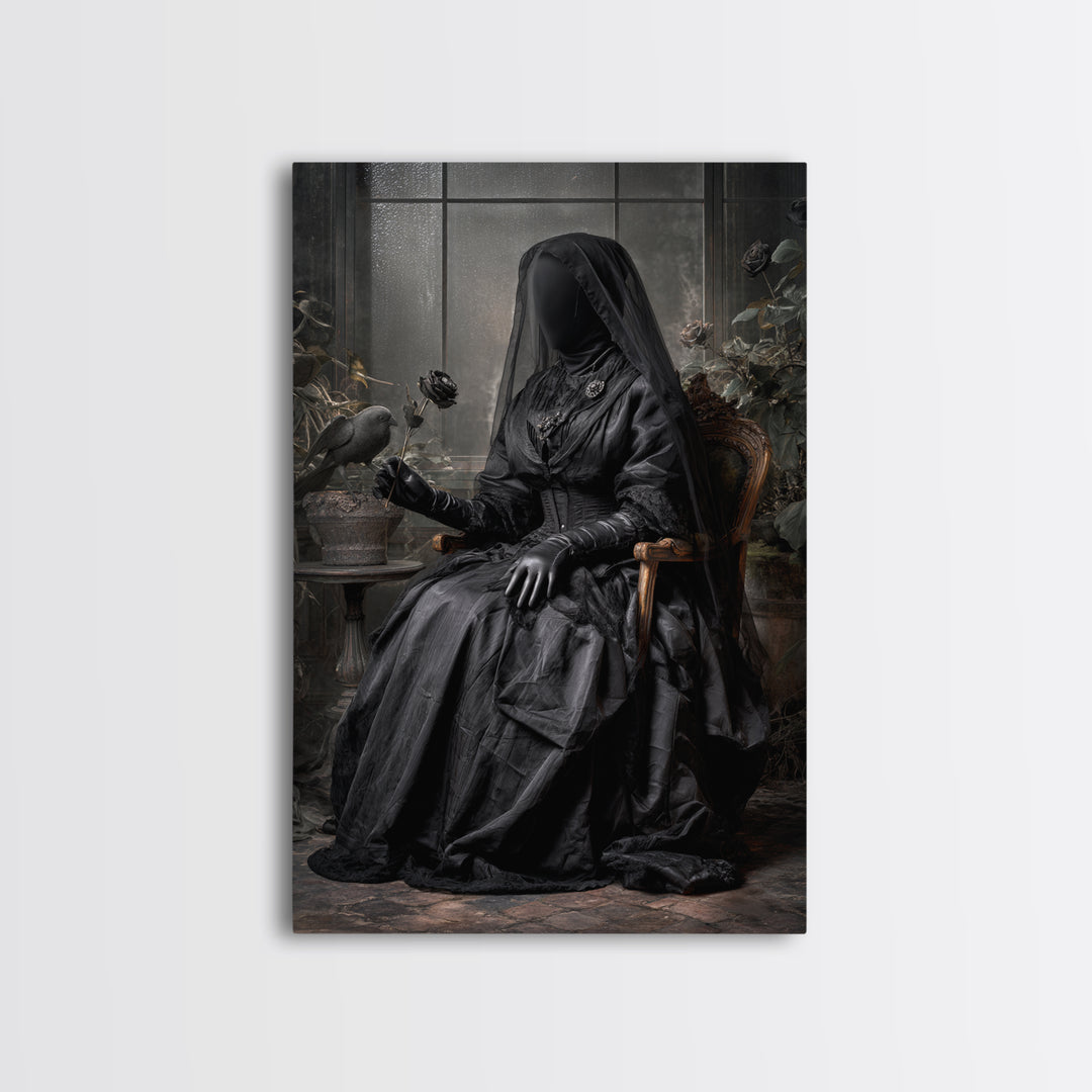 The Invisible Mourner Of Glass House, Vertical Wall Art, Haunted Gothic Art, Framed Canvas Print, Halloween Wall Decor, Gothic Home Decor