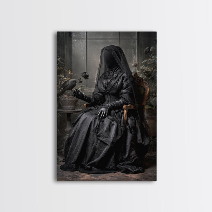 The Invisible Mourner Of Glass House, Vertical Wall Art, Haunted Gothic Art, Framed Canvas Print, Halloween Wall Decor, Gothic Home Decor