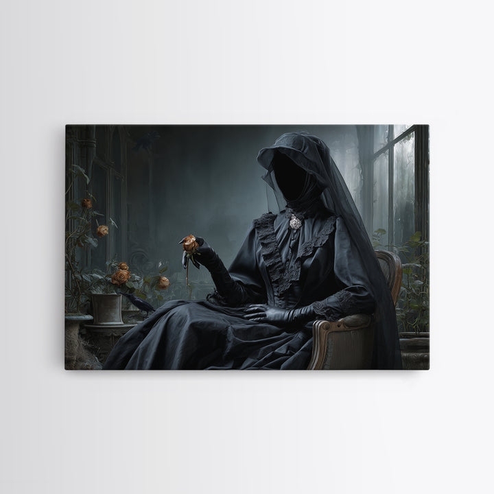 The Invisible Mourner Of Glass House, Landscape Wall Art, Haunted Gothic Art, Framed Canvas Print, Halloween Wall Decor, Gothic Home Decor