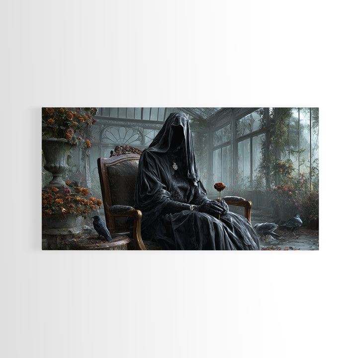 The Invisible Mourner Of Glass House, Wide Panoramic Art, Gothic Horror Wall Art, Framed Canvas Print, Halloween Wall Decor