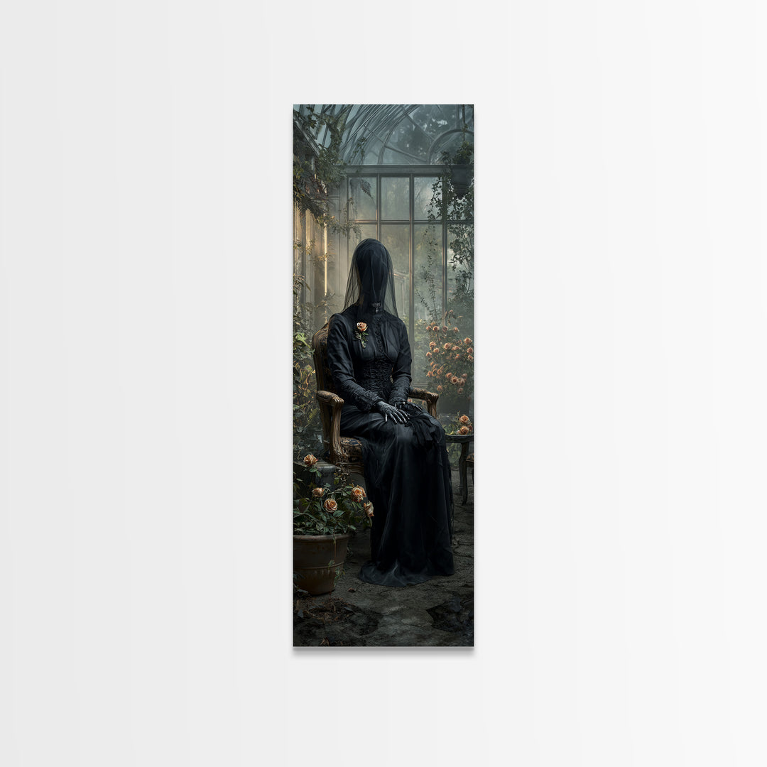 The Invisible Mourner Of Glass House, Tall Narrow Wall Art, Haunted Gothic Art, Framed Canvas Print, Halloween Wall Decor, Gothic Home Decor