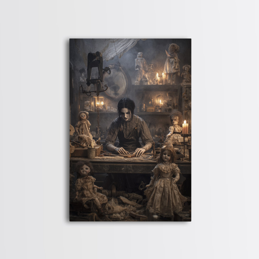 The Dollmaker Of Hollow Ward, Vertical Wall Art, Spooky Home Decor, Canvas Print, Halloween Wall Decor, Gothic Home Decor, Spooky Wall Decor