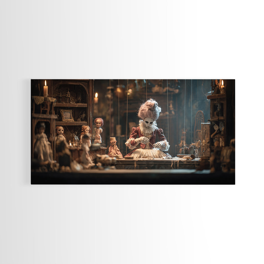 The Dollmaker Of Hollow Ward, Wide Panoramic Art, Macabre Wall Art, Framed Canvas Print, Halloween Wall Decor, Gothic Home Decor