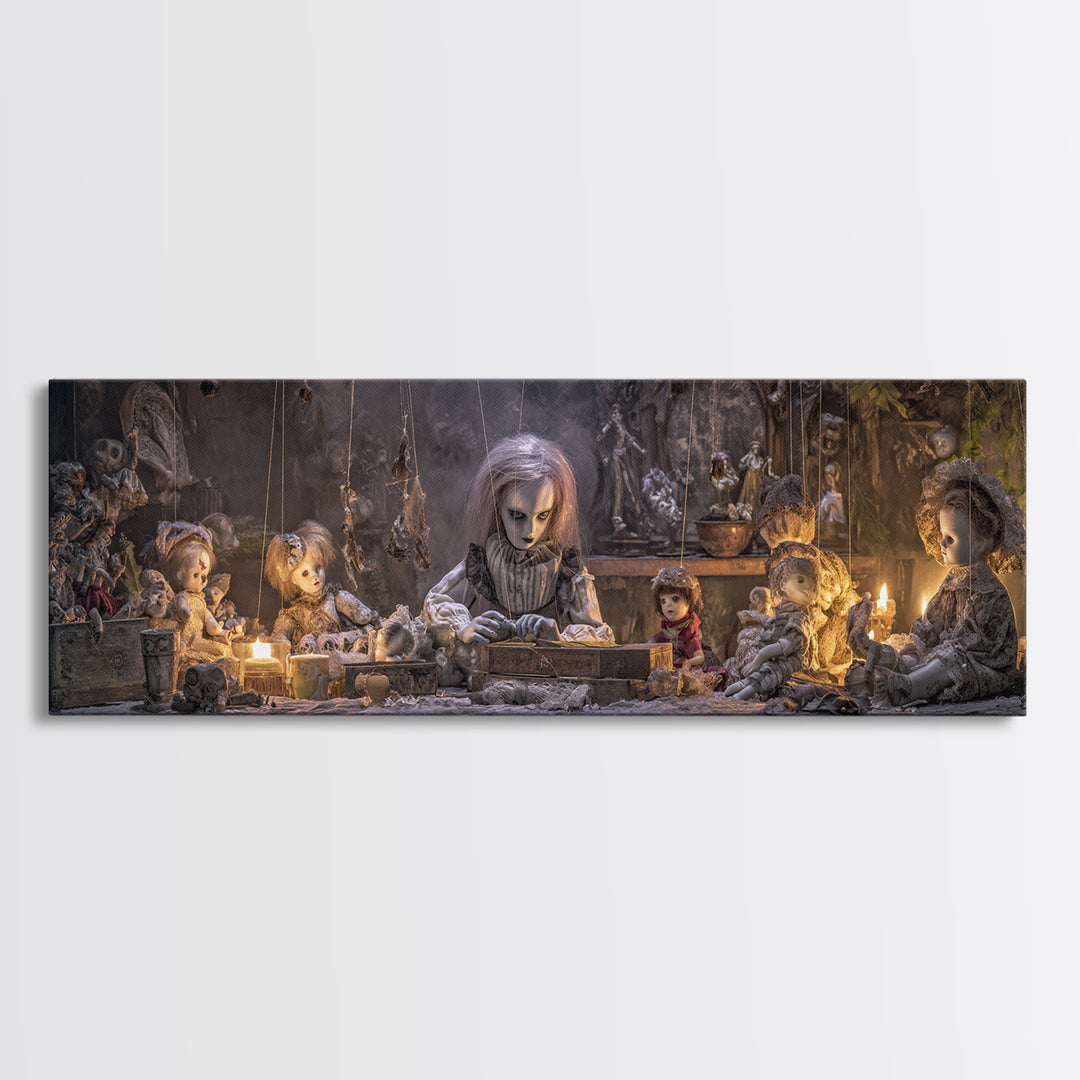 The Dollmaker Of Hollow Ward, Extra Wide Wall Art, Macabre Wall Art, Framed Canvas Print, Halloween Wall Decor, Gothic Home Decor