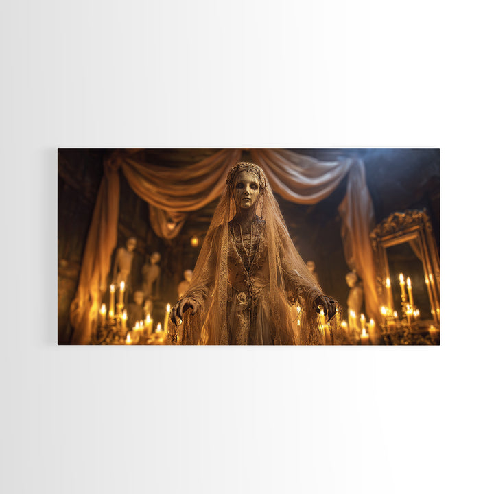 The Wax Bride Of Mourning Hall, Wide Panoramic Art, Macabre Wall Art, Framed Canvas Print, Halloween Wall Decor, Gothic Home Decor