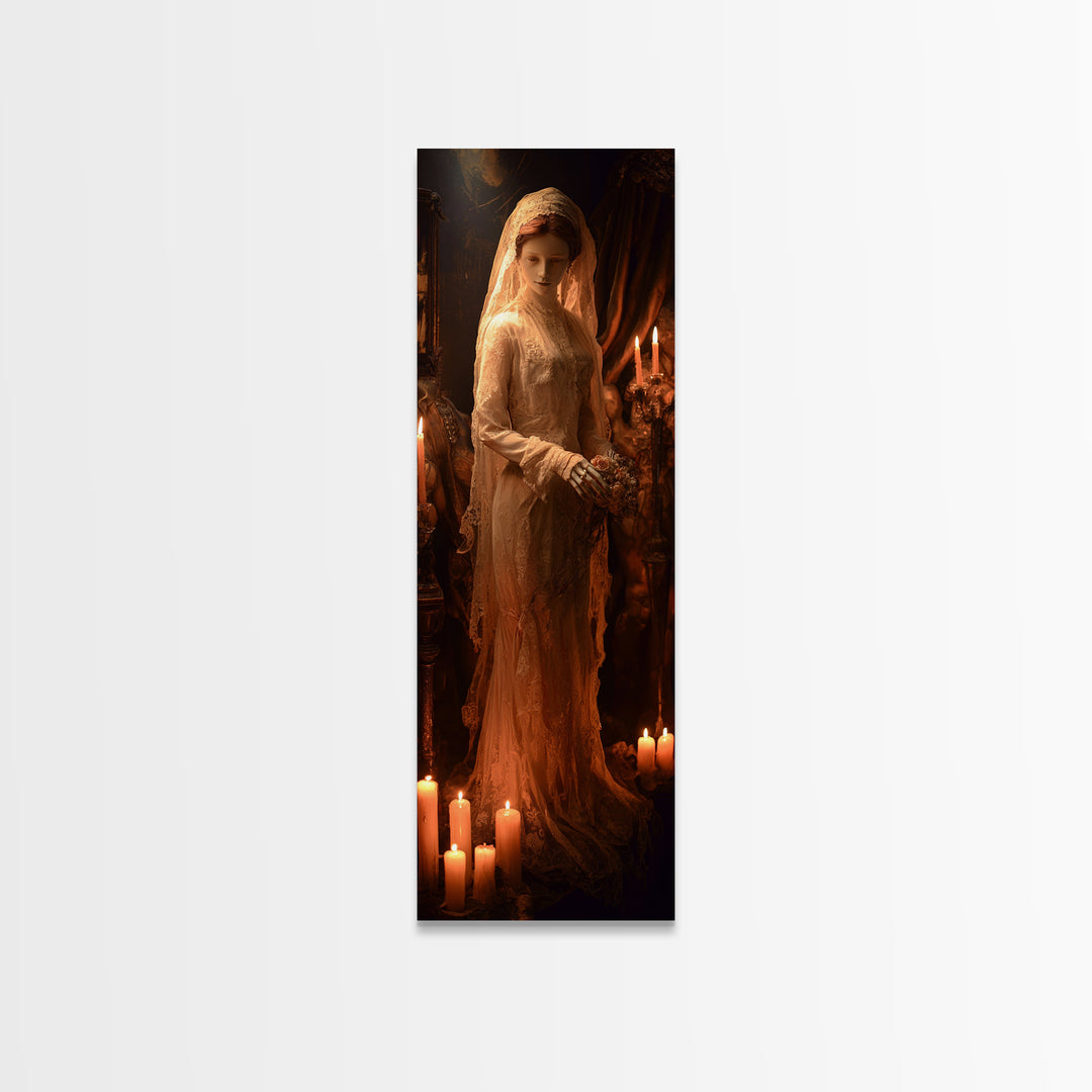 The Wax Bride Of Mourning Hall, Tall Narrow Wall Art, Macabre Wall Art, Framed Canvas Print, Halloween Wall Decor, Gothic Home Decor