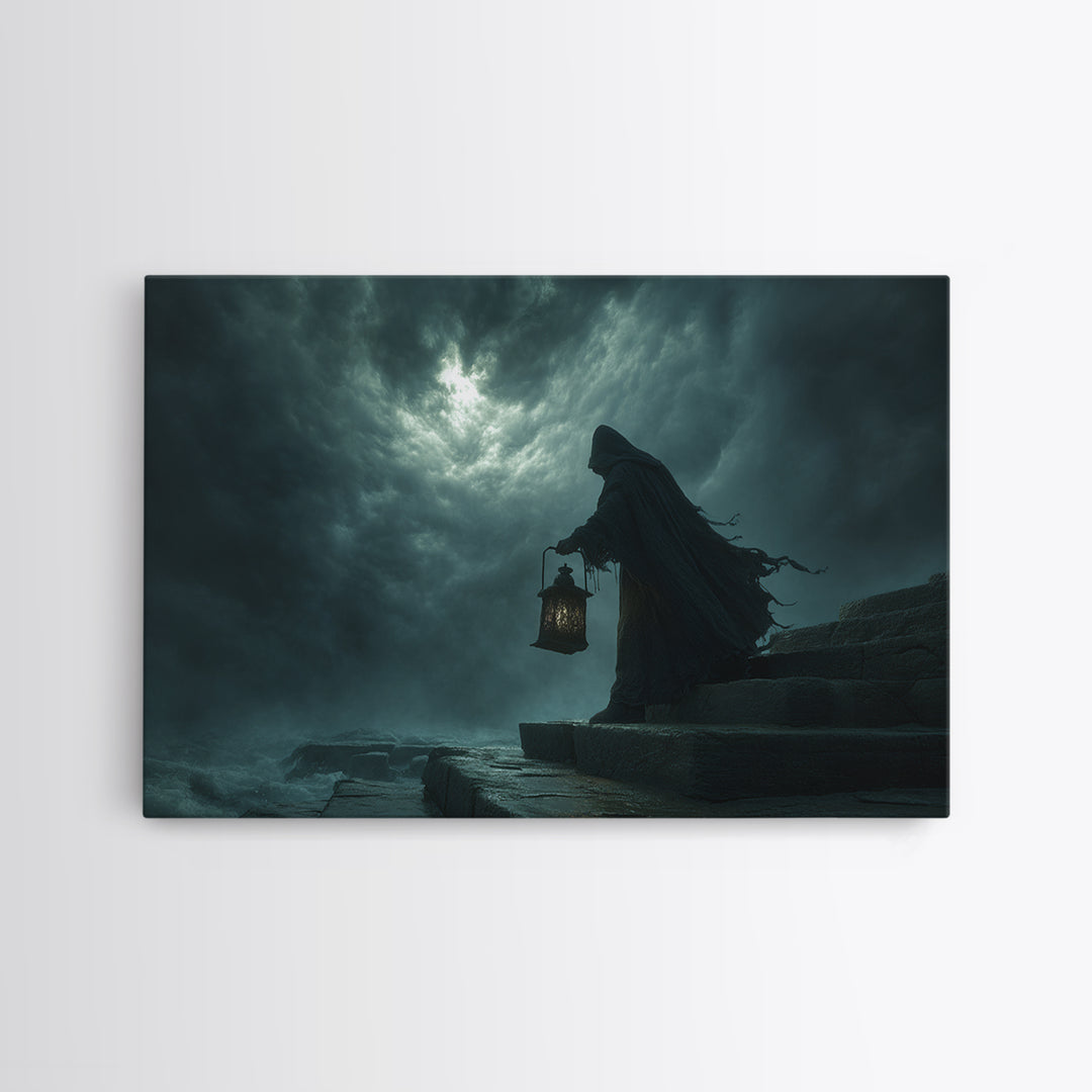 The Lantern-Bearer Of R’Lyeh, Landscape Wall Art, Spooky Home Decor, Framed Canvas Print, Halloween Wall Decor, Gothic Home Decor