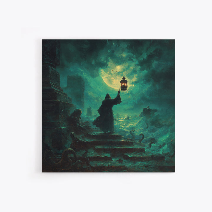 The Lantern-Bearer Of R’Lyeh, Square Wall Art, Spooky Home Decor, Framed Canvas Print, Halloween Wall Decor, Gothic Home Decor