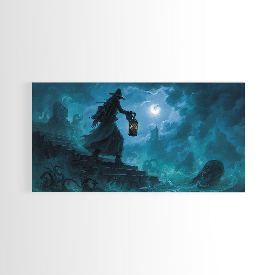 The Lantern-Bearer Of R’Lyeh, Wide Panoramic Art, Lovecraftian Horror Art, Canvas Print, Halloween Wall Decor, Gothic Home Decor