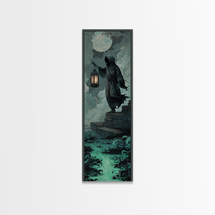 The Lantern-Bearer Of R’Lyeh, Tall Narrow Wall Art, Gothic Horror Wall Art, Framed Canvas Print, Halloween Wall Decor, Gothic Home Decor