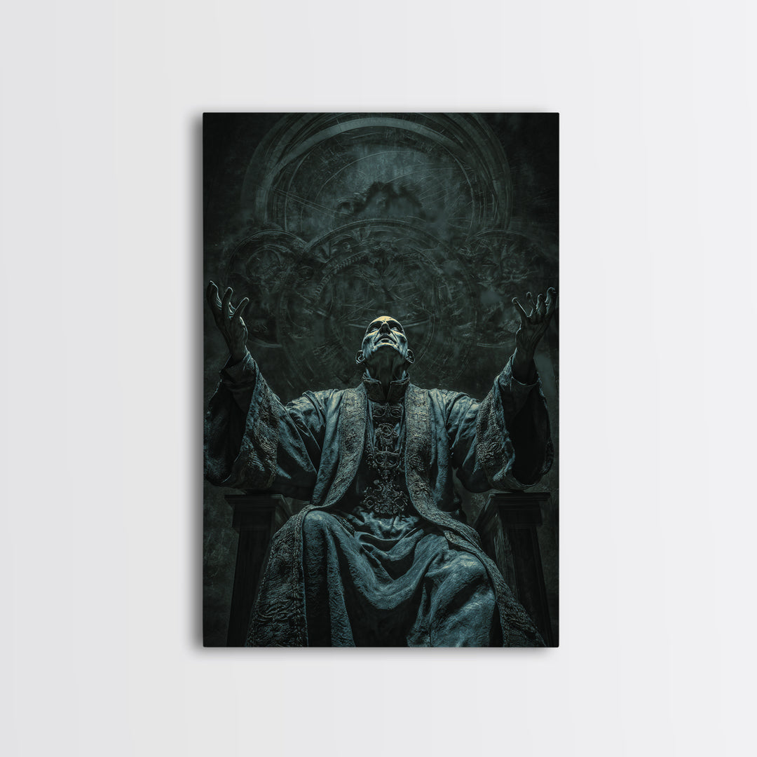 The Dreaming Priest Of The Outer Gate, Vertical Wall Art, Eldritch Gothic Decor, Framed Canvas Print, Halloween Wall Decor