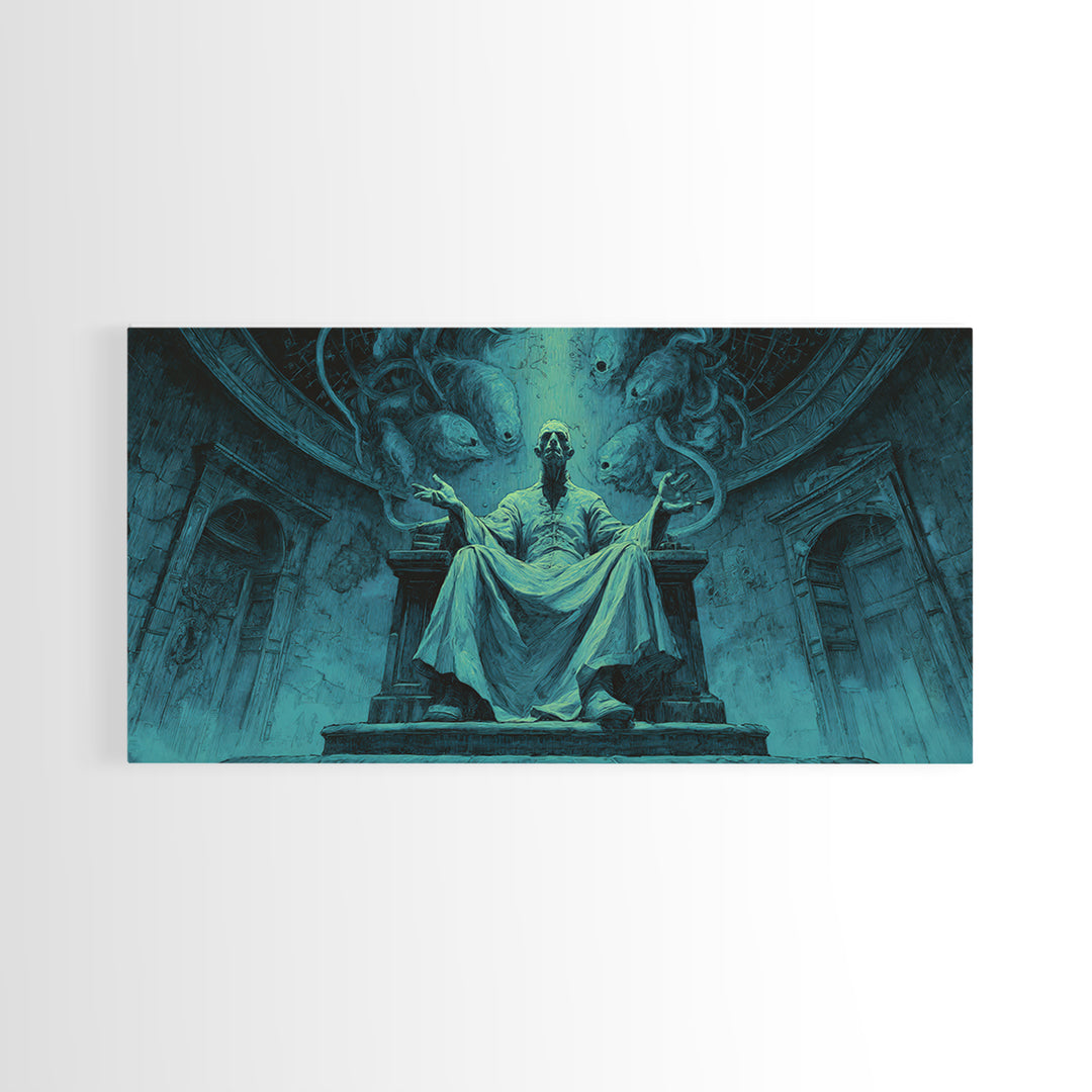 The Dreaming Priest Of The Outer Gate, Wide Panoramic Art, Gothic Horror Wall Art, Framed Canvas Print, Halloween Wall Decor