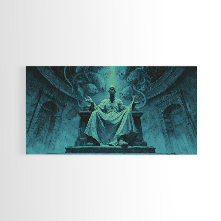 The Dreaming Priest Of The Outer Gate, Wide Panoramic Art, Gothic Horror Wall Art, Framed Canvas Print, Halloween Wall Decor
