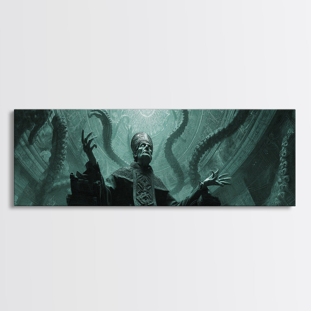 The Dreaming Priest Of The Outer Gate, Extra Wide Wall Art, Cosmic Horror Wall Art, Framed Canvas Print, Halloween Wall Decor