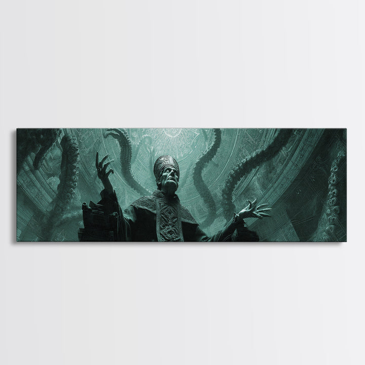 The Dreaming Priest Of The Outer Gate, Extra Wide Wall Art, Cosmic Horror Wall Art, Framed Canvas Print, Halloween Wall Decor