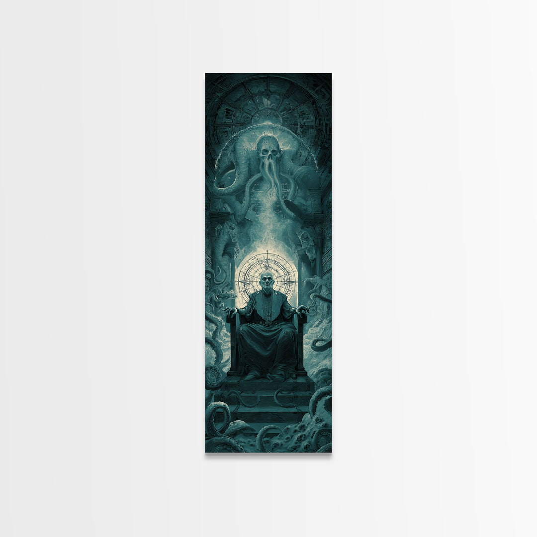 The Dreaming Priest Of The Outer Gate, Tall Narrow Wall Art, Dark Halloween Decor, Canvas Print, Halloween Wall Decor, Gothic Home Decor