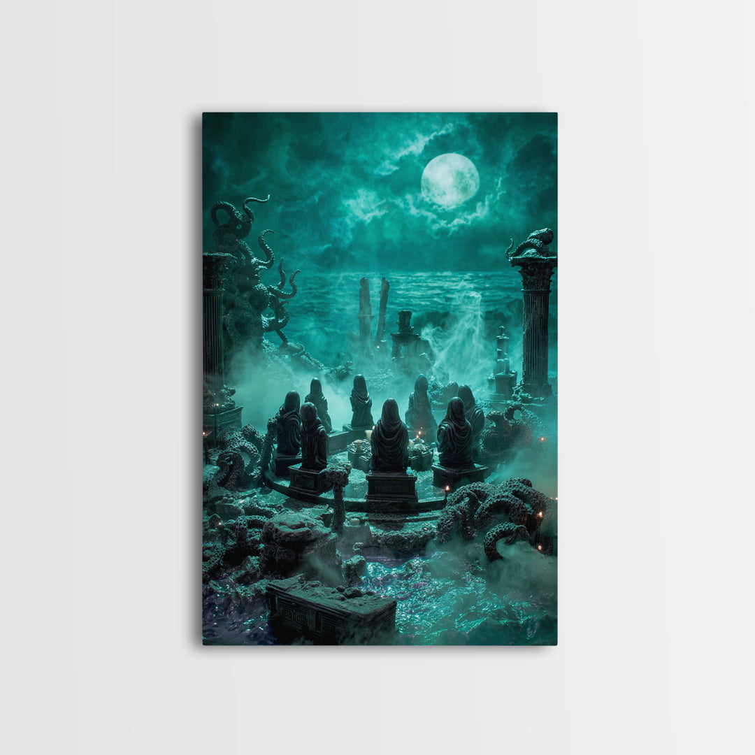 The Choir Of Deepwater Acolytes, Vertical Wall Art, Macabre Wall Art, Framed Canvas Print, Halloween Wall Decor, Gothic Home Decor