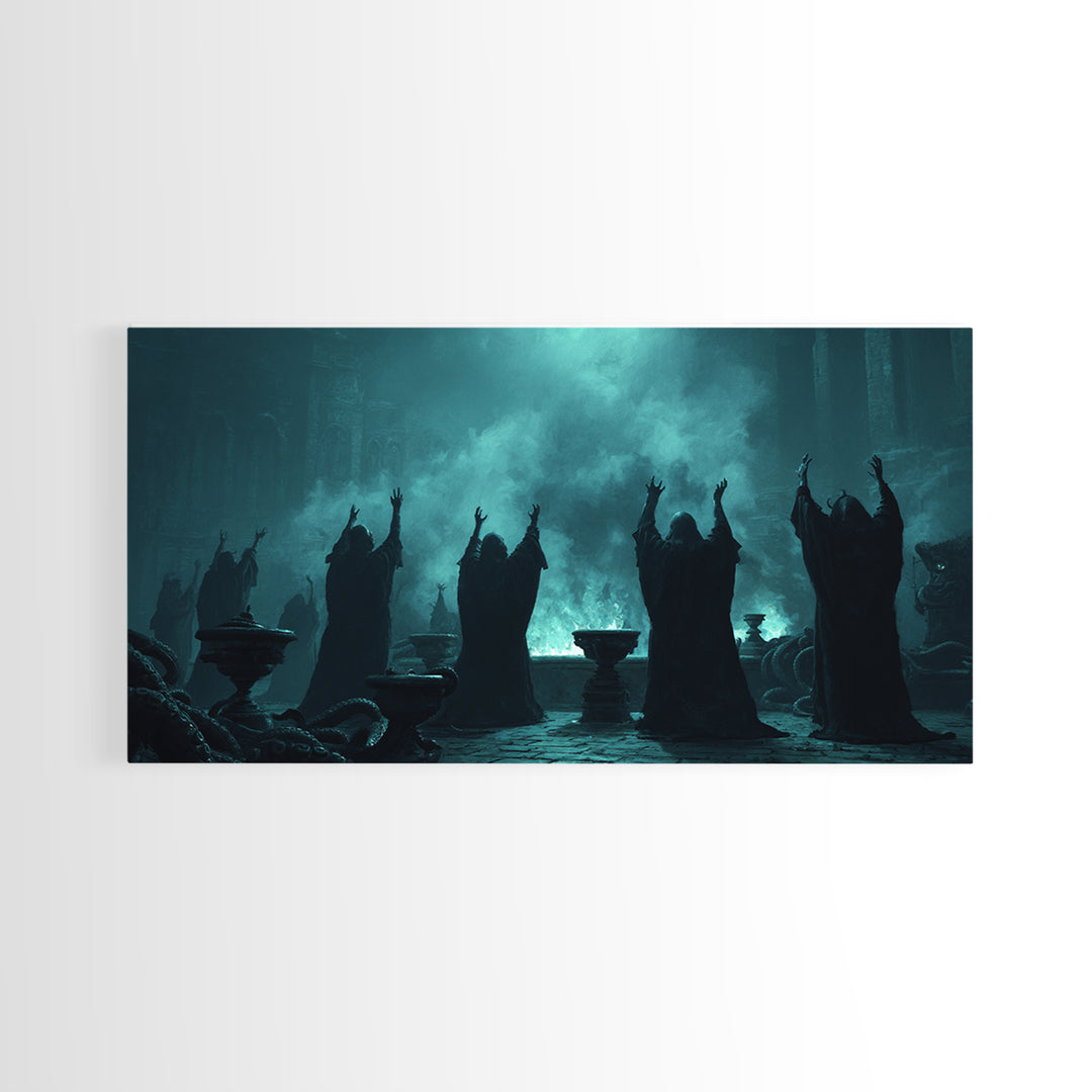The Choir Of Deepwater Acolytes, Wide Panoramic Art, Dark Fantasy Wall Art, Canvas Print, Halloween Wall Decor, Gothic Home Decor