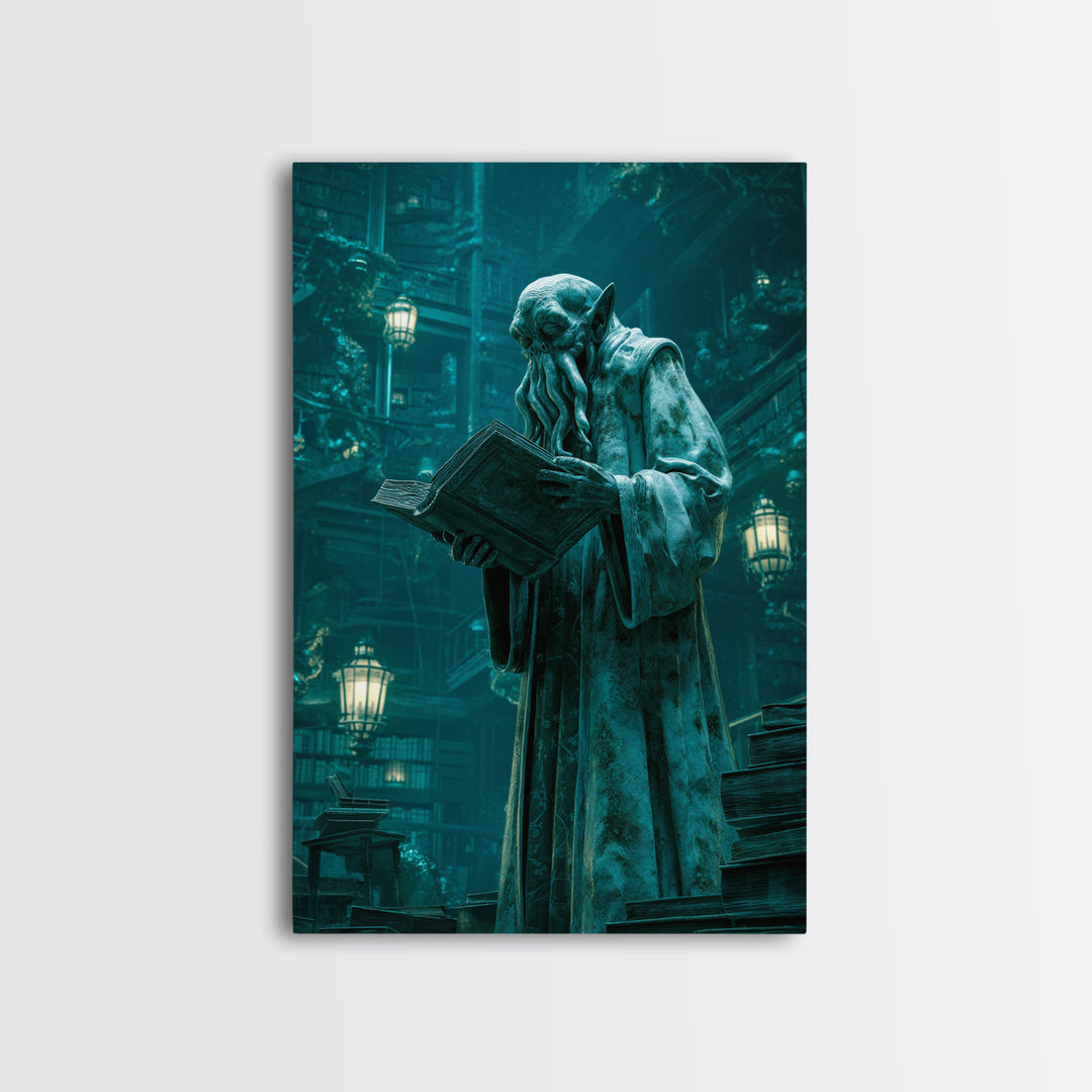The Librarian Of Forbidden Tides, Vertical Wall Art, Gothic Horror Wall Art, Framed Canvas Print, Halloween Wall Decor, Gothic Home Decor