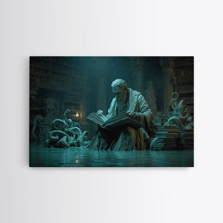 The Librarian Of Forbidden Tides, Landscape Wall Art, Lovecraftian Horror Art, Framed Canvas Print, Halloween Wall Decor, Gothic Home Decor
