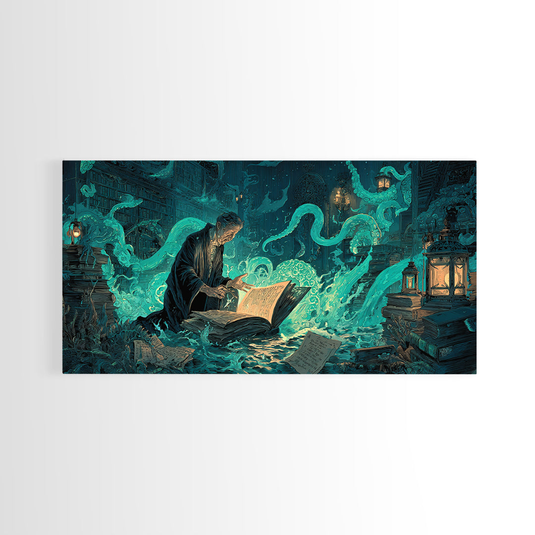 The Librarian Of Forbidden Tides, Wide Panoramic Art, Lovecraftian Horror Art, Canvas Print, Halloween Wall Decor, Gothic Home Decor