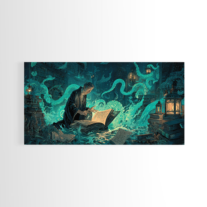 The Librarian Of Forbidden Tides, Wide Panoramic Art, Lovecraftian Horror Art, Canvas Print, Halloween Wall Decor, Gothic Home Decor
