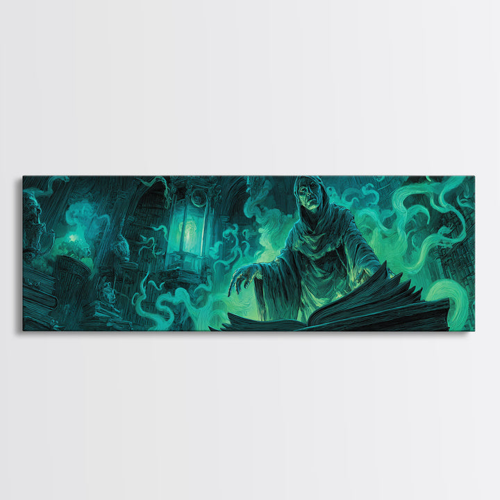 The Librarian Of Forbidden Tides, Extra Wide Wall Art, Cosmic Horror Wall Art, Canvas Print, Halloween Wall Decor, Gothic Home Decor