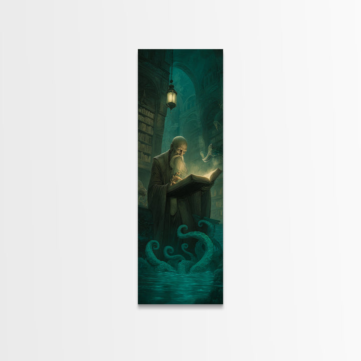 The Librarian Of Forbidden Tides, Tall Narrow Wall Art, Dark Fantasy Wall Art, Framed Canvas Print, Halloween Wall Decor, Gothic Home Decor