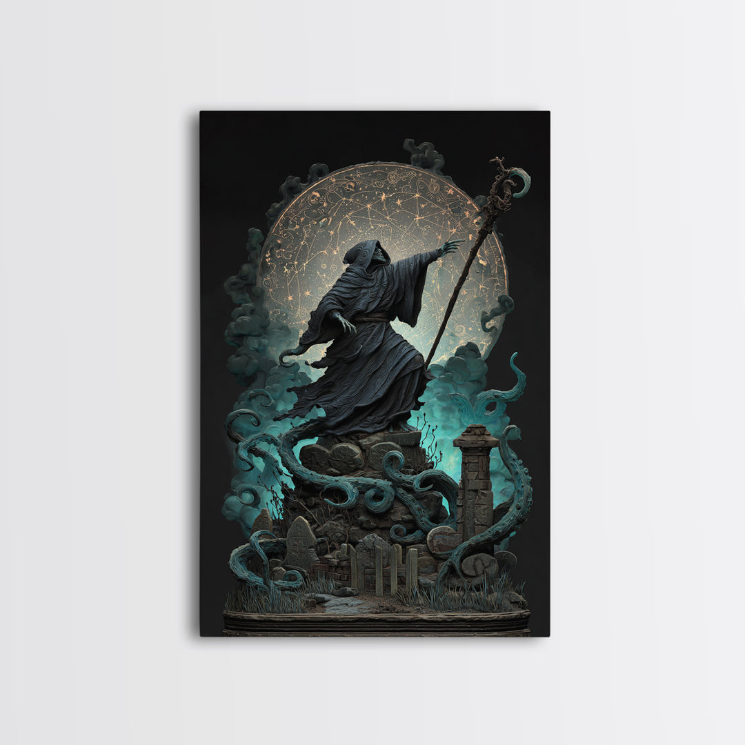 The Star-Seer Of Black Dunwich, Vertical Wall Art, Dark Halloween Decor, Framed Canvas Print, Halloween Wall Decor, Gothic Home Decor
