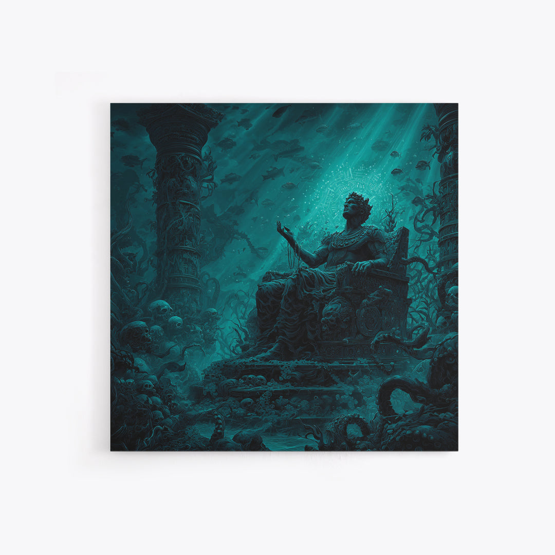 The Watcher In The Coral Throne, Square Wall Art, Lovecraftian Horror Art, Framed Canvas Print, Halloween Wall Decor, Gothic Home Decor