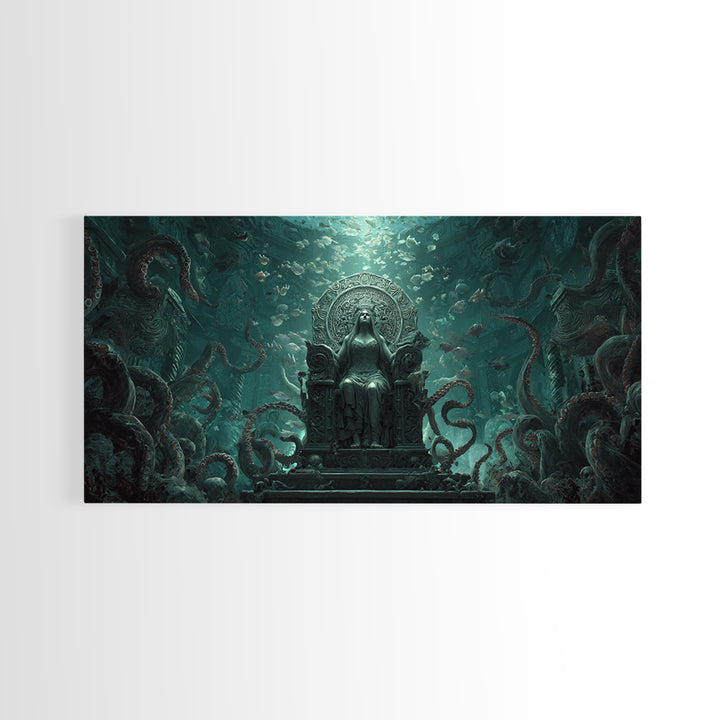 The Watcher In The Coral Throne, Wide Panoramic Art, Lovecraftian Horror Art, Framed Canvas Print, Halloween Wall Decor, Gothic Home Decor
