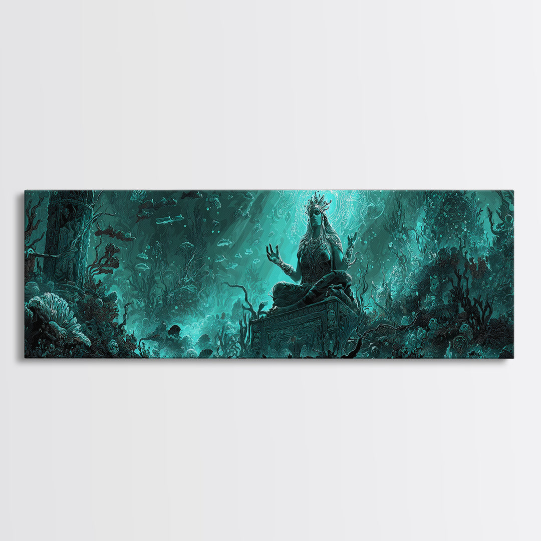 The Watcher In The Coral Throne, Extra Wide Wall Art, Cosmic Horror Wall Art, Framed Canvas Print, Halloween Wall Decor, Gothic Home Decor