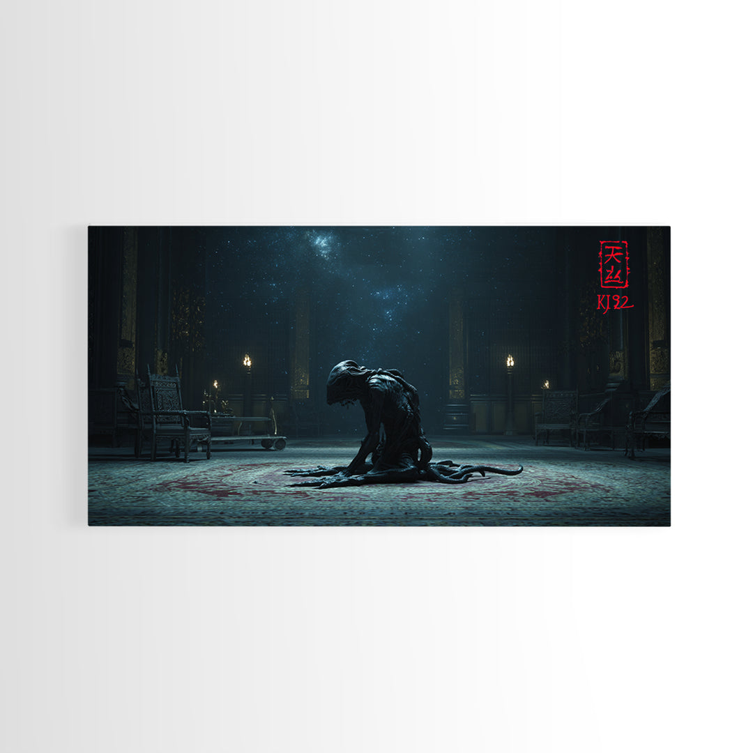 The Crawler Beneath The Floor Of Stars, Wide Panoramic Art, Eldritch Gothic Decor, Framed Canvas Print, Halloween Wall Decor