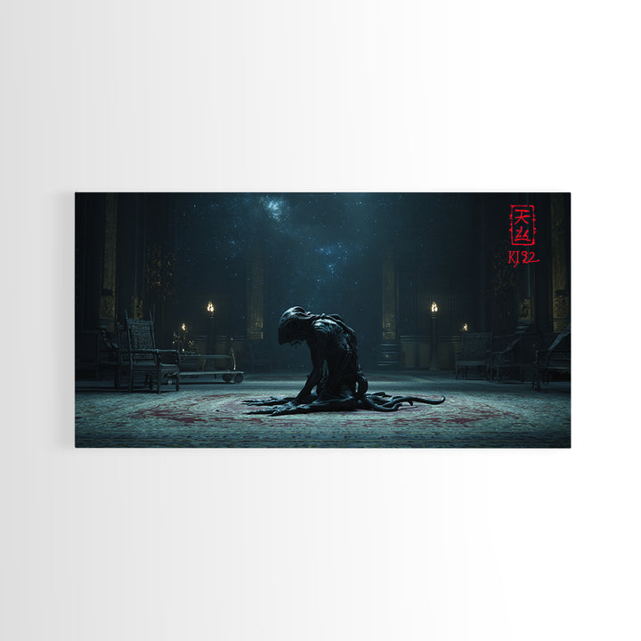 The Crawler Beneath The Floor Of Stars, Wide Panoramic Art, Eldritch Gothic Decor, Framed Canvas Print, Halloween Wall Decor