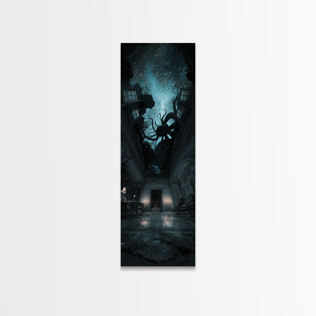 The Crawler Beneath The Floor Of Stars, Tall Narrow Wall Art, Spooky Home Decor, Framed Canvas Print, Halloween Wall Decor
