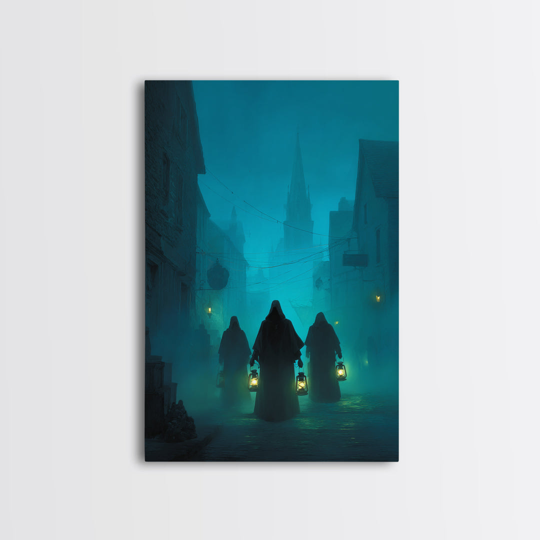 The Innsmouth Lantern Procession, Vertical Wall Art, Spooky Home Decor, Framed Canvas Print, Halloween Wall Decor, Gothic Home Decor