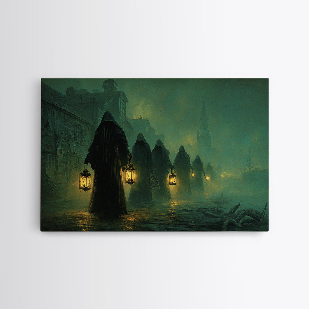 The Innsmouth Lantern Procession, Landscape Wall Art, Macabre Wall Art, Canvas Print, Halloween Wall Decor, Gothic Home Decor